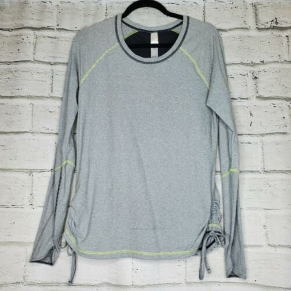 Lucy Tech Striped Ruched Top Womens Large Gray Thumb Hole Pullover Crew Shirt